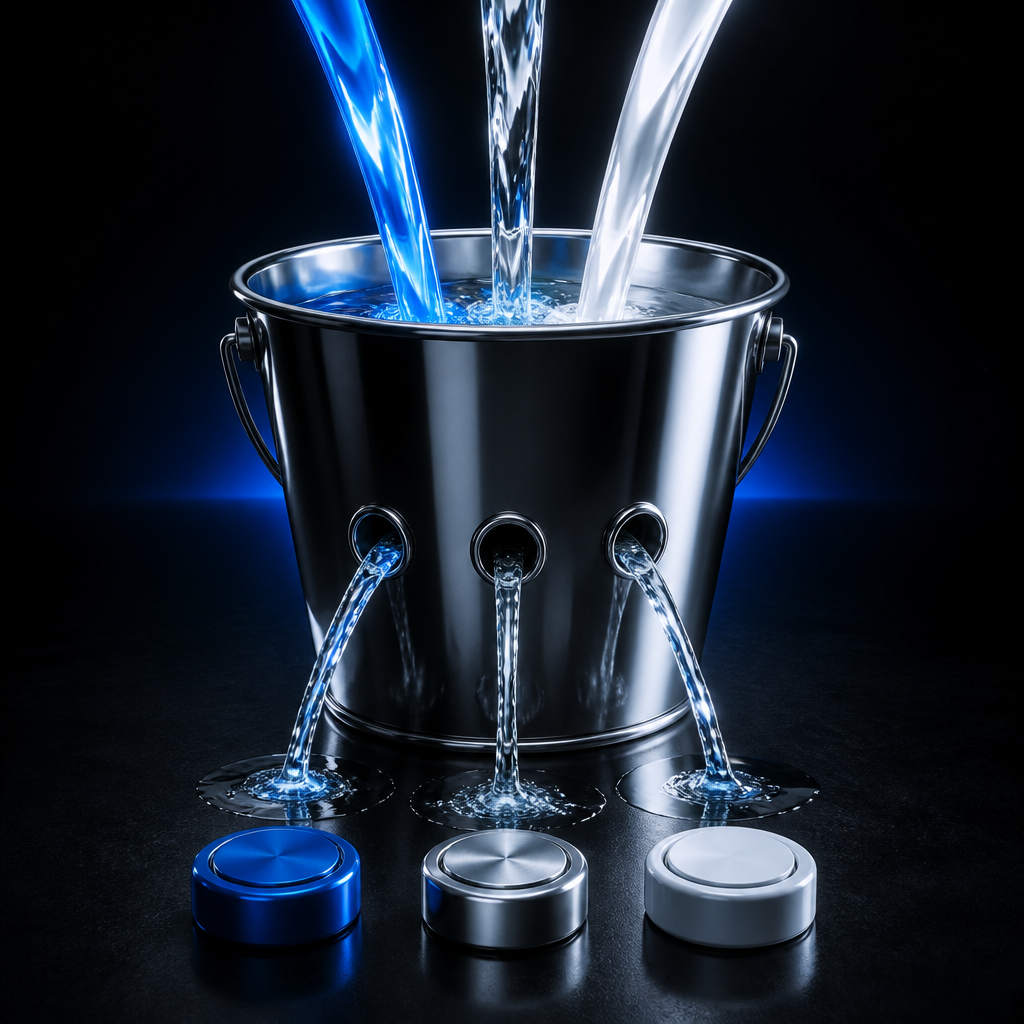 A chrome bucket with three holes: leads leak out without ads, sales conversion, and a marketing system